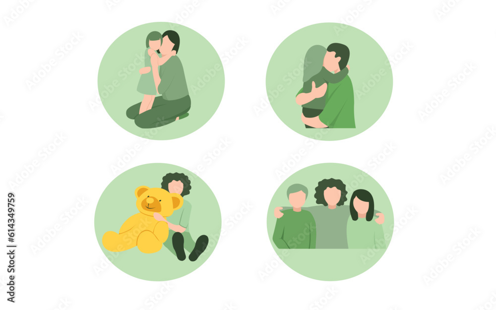 Fototapeta premium Set of warm hugs between kids, parents and little friends. Happy child embracing mother, father and other diverse children with love. Colored flat vector illustration for website, banner and flyer