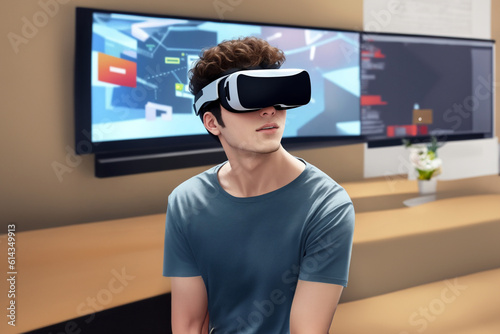 Man is looking at information via Virtual Reality (VR) Glasses
Illustration has been created by AI generative tools