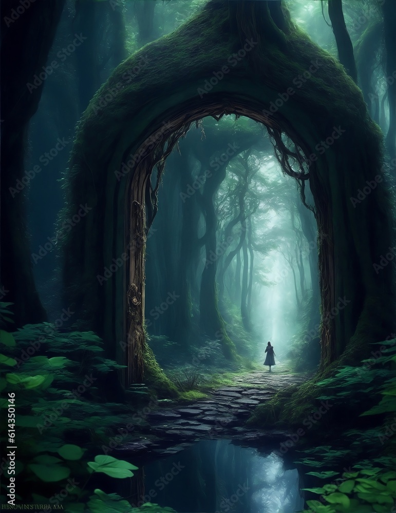 Hidden doorway in mystical forest unveils surreal realm. Weary traveler contemplates granting wish or surrendering treasured memory.