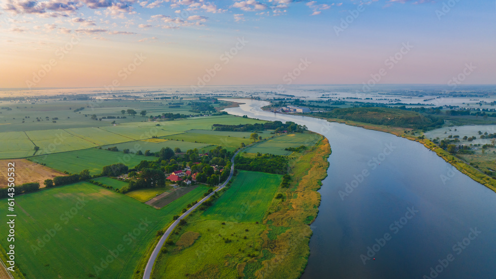 Sobieszewska Island and the Vistula River seen from a drone on an spring day.