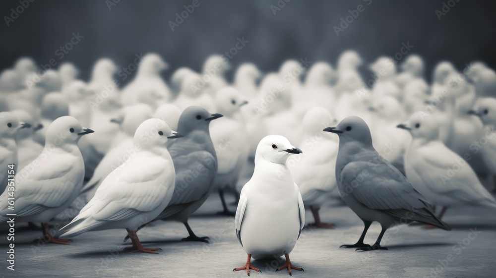 Standing out from the crowd , white bird standing between man gray birds, Generative AI. Standing out from the crowd , white bird standing between man gray birds, Generative AI.