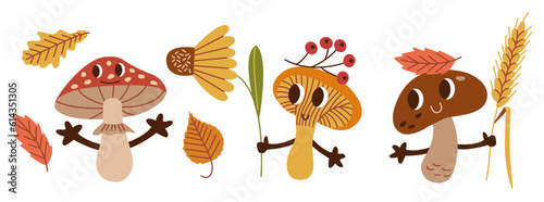 Set of mushrooms characters. Funny anthropomorphic fungi. Cartoon forest organisms with faces and hands.