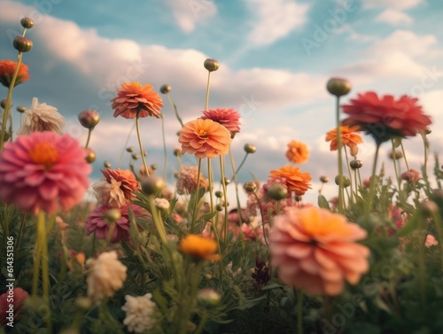 Beautiful summer field of colorful cosmos flowers  natural sunlight  and bright summer sky background. Generative AI