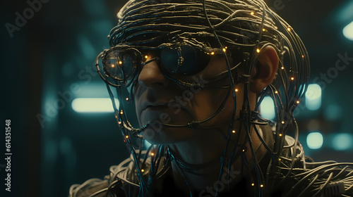 Matrix exit. Man with wires on his head