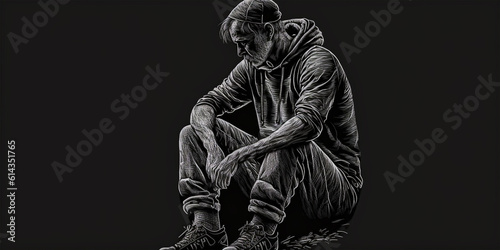 Illustration of a man sitting with clenched knees. Demonstrates a sense of being stuck in life circumstances. Emphasizes the struggle with a hopeless situation or a dead end in decision making.