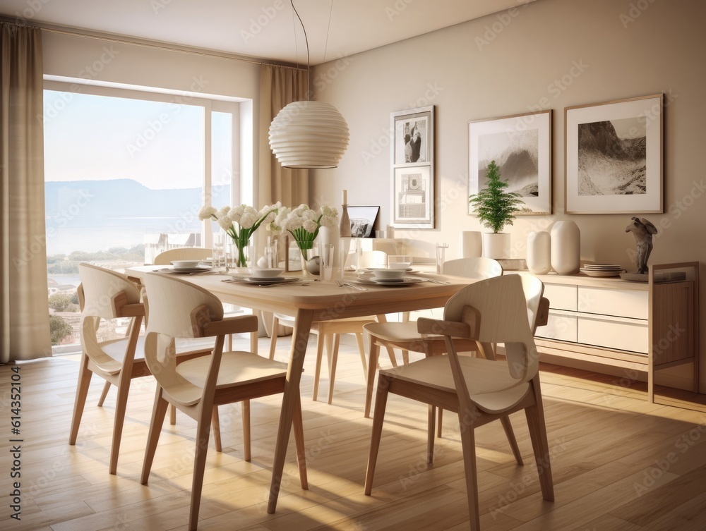 Dining room in beige tones with white tables, wooden chairs, and a potted plant, natural light shines through a window. Generative AI