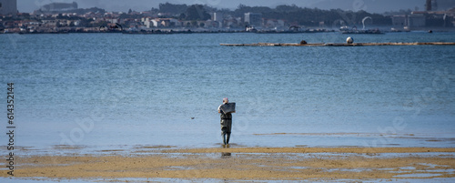 Shellfishman with his rake and bucket collecting mussels, razor clams and clams entering the sea or seawater from the shore to collect shellfish on  Mañons beach in Boiro and Rianxo on the horizon photo