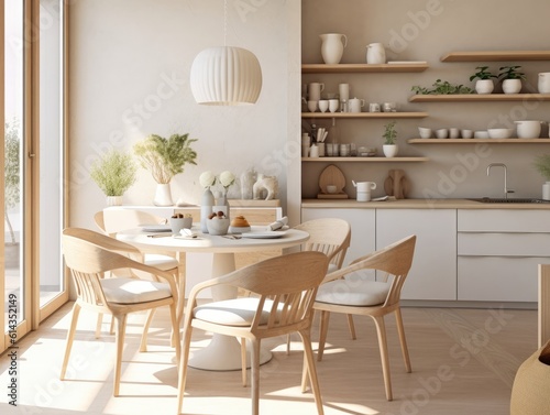 Dining room in wooden style with a table and chairs and hanging lights. white and beige tones in the room. Generative AI