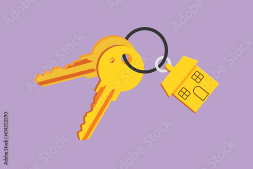 Cartoon flat style drawing keychain with key ring, two keys and pendant house locket. Stylized key chain with house with locket logo, icon, template, label, symbol. Graphic design vector illustration