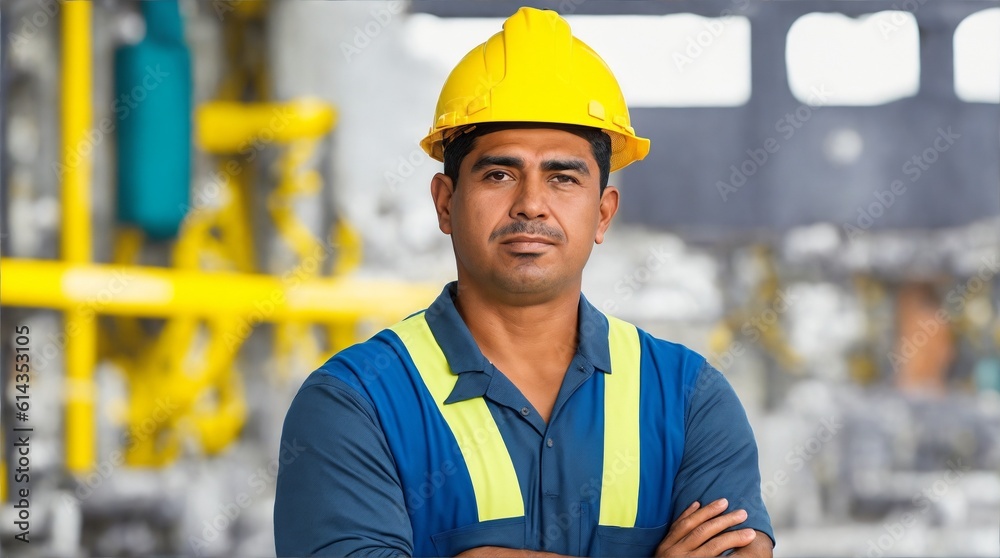 Candid shot of a confident Hispanic male factory worker with arms crossed, industrial construction industry, generative AI Candid shot of a confident Hispanic male factory worker with arms crossed, industrial construction industry, generative AI