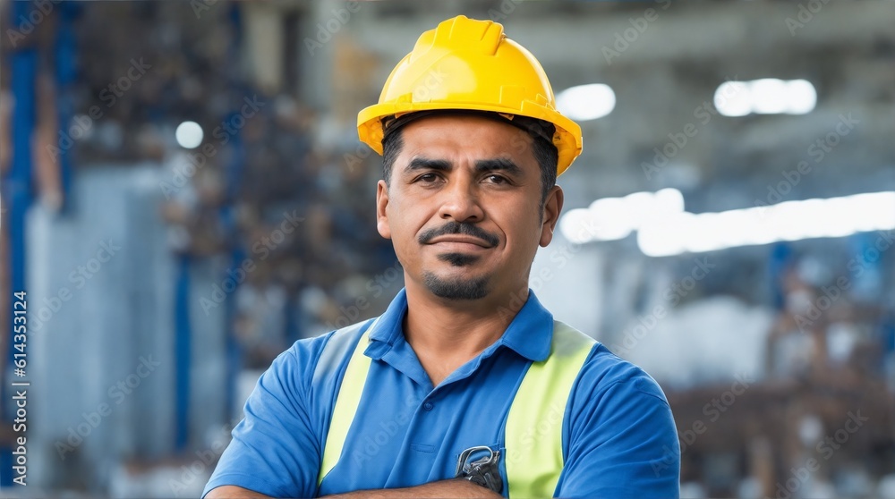 Candid shot of a confident Hispanic male factory worker with arms crossed, industrial construction industry, generative AI Candid shot of a confident Hispanic male factory worker with arms crossed, industrial construction industry, generative AI