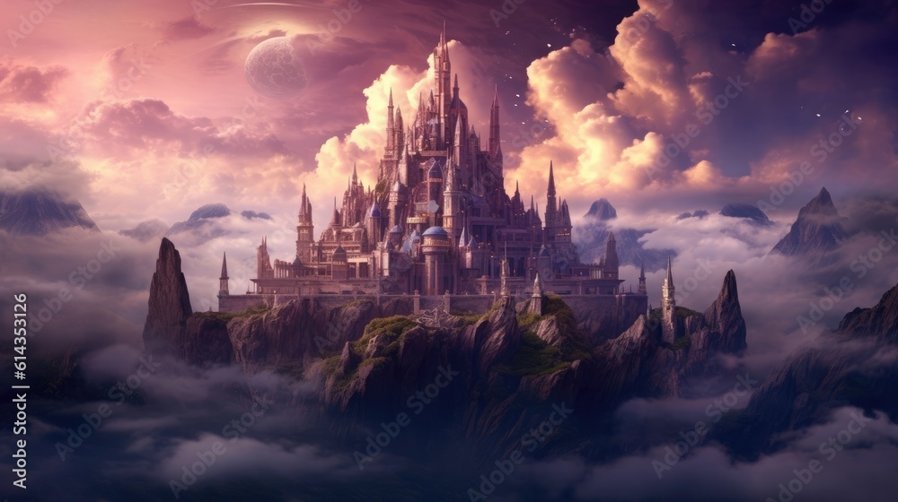 Fototapeta premium A big fantasy castle in the mountain, a hill and a sunset in the background, inspire the idea of a large fort among mountains. Generative AI