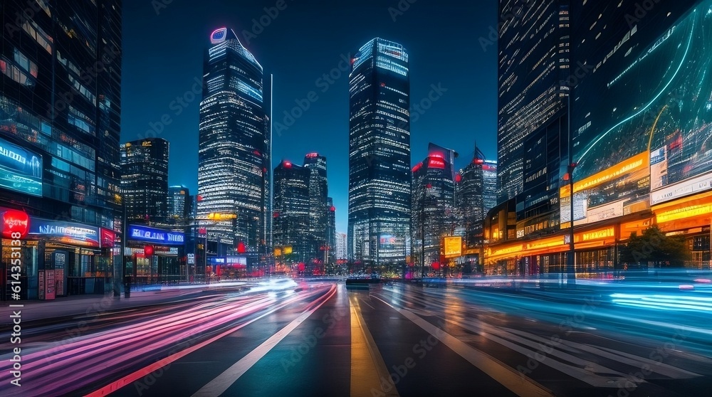 the vibrant and bustling streets of a modern cityscape at night