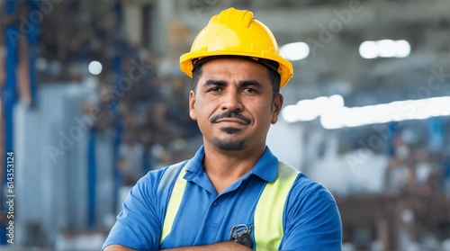 Candid shot of a confident Hispanic male factory worker with arms crossed, industrial construction industry, generative AI