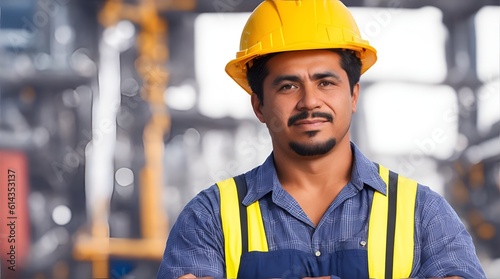 Candid shot of a confident Hispanic male factory worker with arms crossed, industrial construction industry, generative AI