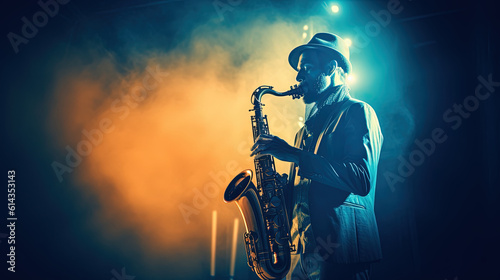 Saxophone player in a club. Saxophonist music wallpaper. Generative AI
