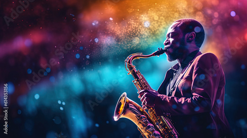 Saxophone player on stage with lights. Jazz music background. Generative AI