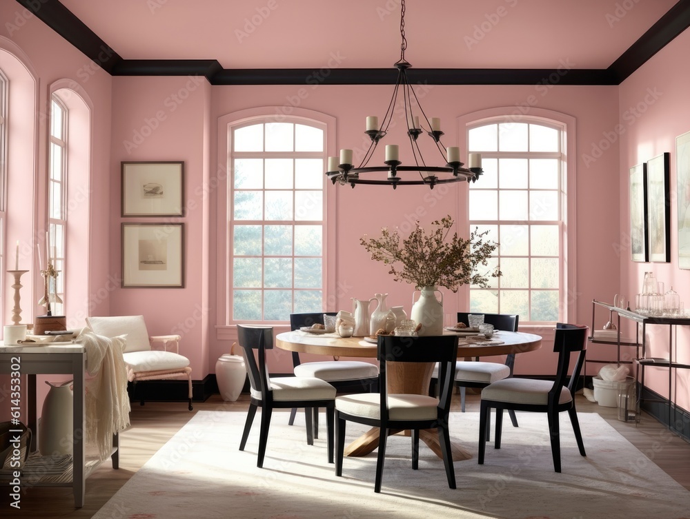 Dining room in pink tone with glass table and pink chairs, carpet on the floor, natural light shines through windows. Generative AI