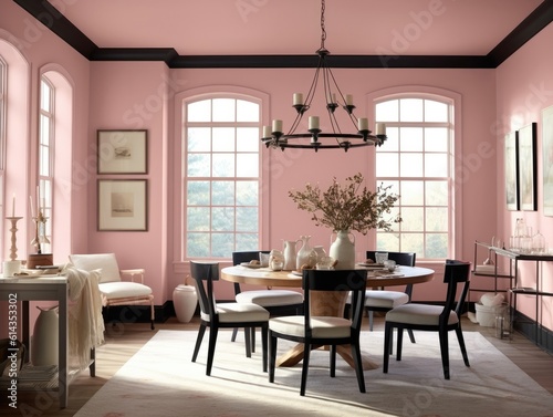 Dining room in pink tone with glass table and pink chairs  carpet on the floor  natural light shines through windows. Generative AI