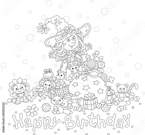 Happy birthday card with a Little Fairy and a bag of holiday gifts  sweets and funny toys for a merry and noisy holiday  vector cartoon illustration isolated on a white background