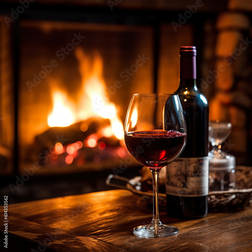Red wine sitting on a wooden table in front of a cozy fireplace