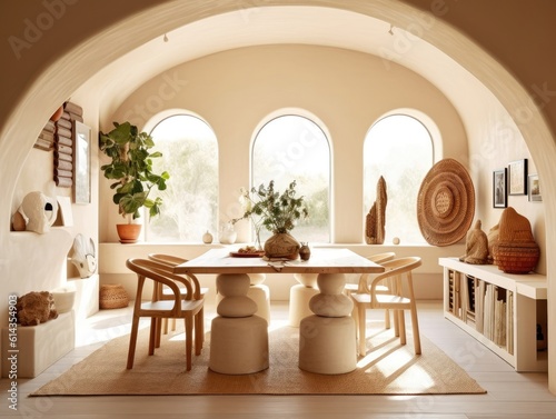 Dining room in beige tones with wooden table and chairs, the wooden floor is covered with carpet, natural light shines through a window. Generative AI