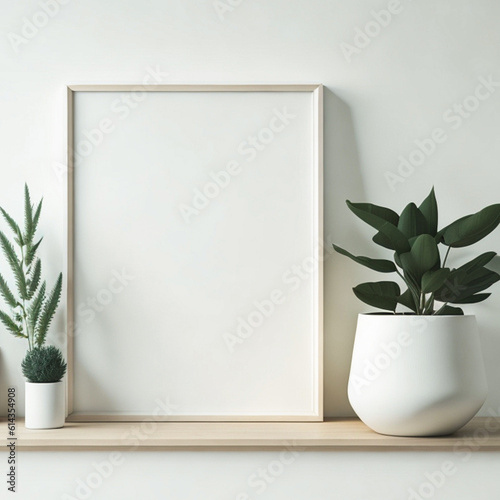 Minimal living room interior design with empty frame. Created with AI technology.