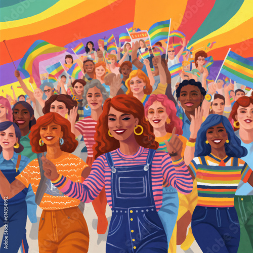 an illustration portraying LGBTQ+ individuals of all genders and orientations participating in a joyous and colorful pride parade, celebrating love, and acceptance. Generative AI