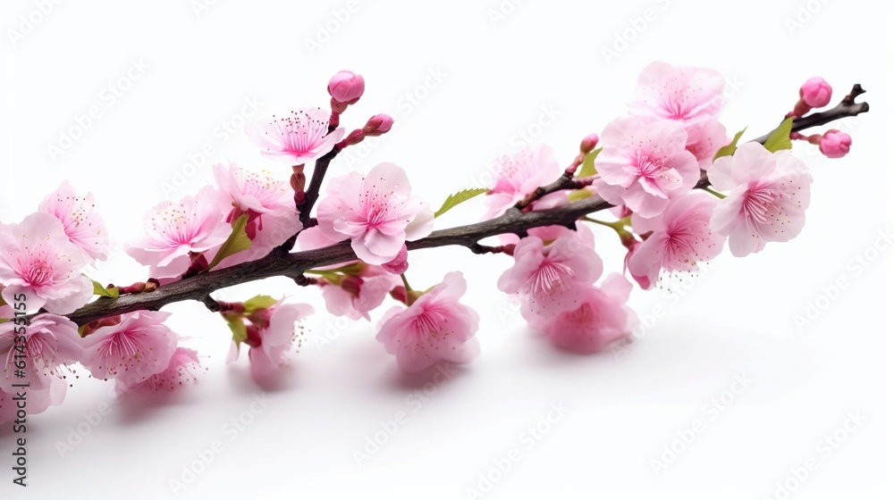 Abstract background with cherry blossom branch with buds and leaves in close up view. Pink flowers japanese sakura isolated on white backdrop. Horizontal illustration for banner design. Generative AI.