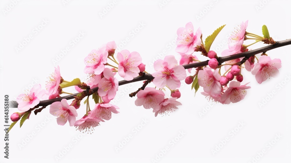 Abstract background with cherry blossom branch with green leaves. Springtime pink flowers sakura. Delicate blooming tree twig with buds. Horizontal illustration for banner design. Generative AI.