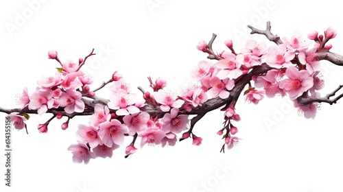 Abstract background with cherry blossom branch with buds isolated on white backdrop. Delicate japanese sakura with pink flowers and buds. Horizontal illustration for banner design. Generative AI.