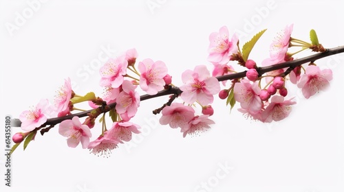 Abstract background with cherry blossom branch with green leaves. Springtime pink flowers sakura. Delicate blooming tree twig with buds. Horizontal illustration for banner design. Generative AI. © NeuralStudio