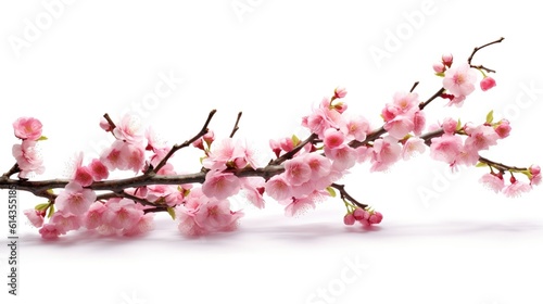 Abstract background with lying cherry blossom branch. Pink flowers sakura isolated on white backdrop. Blooming tree twig with buds and leaves. Horizontal illustration for banner design. Generative AI. © NeuralStudio
