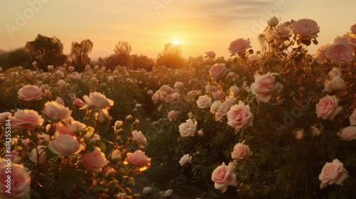 Pink rose field in sunset light  in the style of sun rays shining upon a field of roses. Generative AI