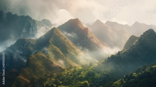 Mountain scenery in the morning with a blanket of dew