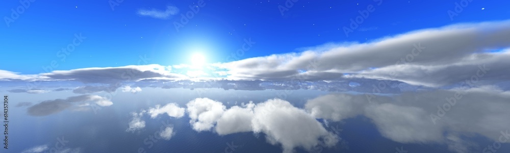 Fototapeta premium Beautiful sunrise among the clouds, clouds landscape panorama in the rays of the sun, flying above the clouds, 3d rendering