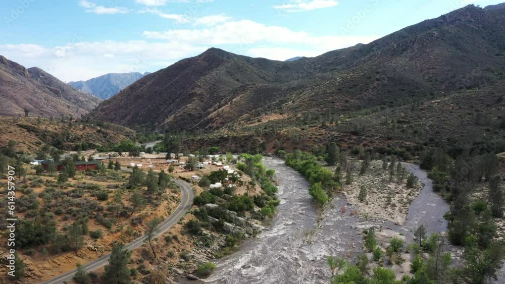 the kern valley river aerial down raging white rapids and a vibrant background the kern valley river aerial down raging white rapids and a vibrant background