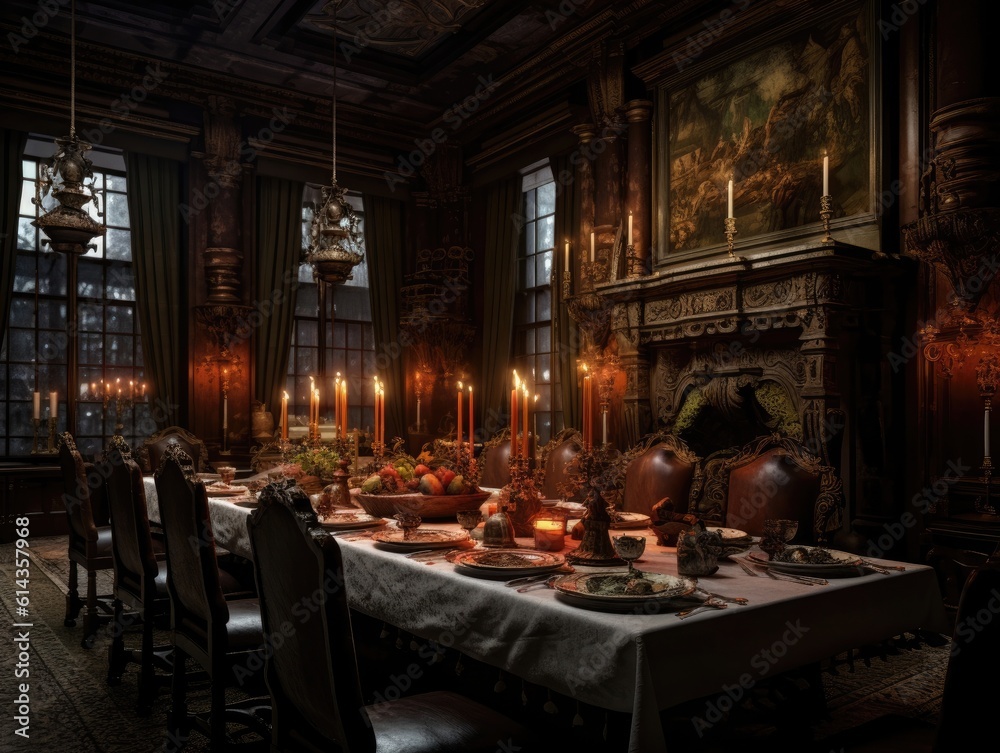 Wide-angle view of a dining room with furniture, a table and a French cabinet, candlelight illuminates the room. Generative AI