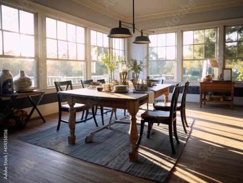 Wide angle view of the dining room table. The wooden floor is covered with carpet  and the room is lit by the sunlight that shines through the windows. Generative AI
