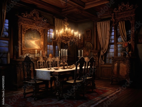 Wide-angle view of a dining room with furniture, a table and a French cabinet, candlelight illuminates the room. Generative AI © itchaznong