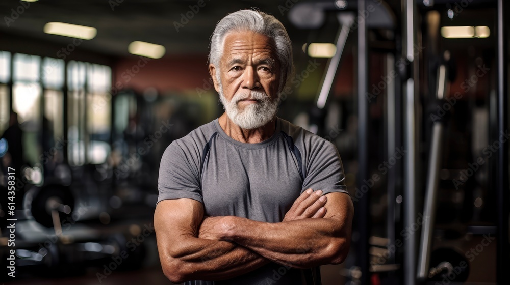 Generative ai senior male with grey hair keeping fit by working out in a gym. Generative ai senior male with grey hair keeping fit by working out in a gym.