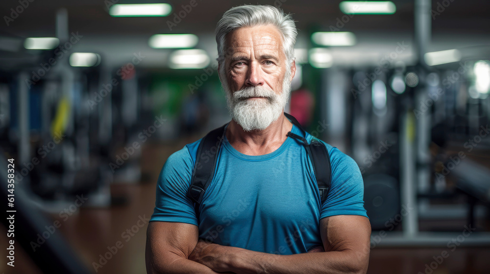Generative ai senior male with grey hair keeping fit by working out in a gym. Generative ai senior male with grey hair keeping fit by working out in a gym.