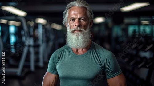 Generative ai senior male with grey hair keeping fit by working out in a gym. 