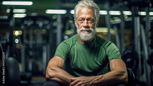 Generative ai senior male with grey hair keeping fit by working out in a gym.  © bannafarsai