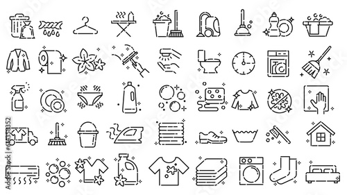 Vector illustration collection of simple line icons about house cleaning and laundry