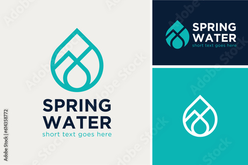 Simple Line of Nature Dew Droplet Aqua Drop and Mountain Hill Peak for Natural Drink Water Springs or Environment Ecology logo design