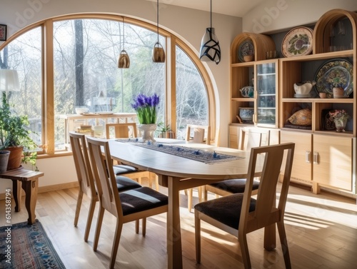 Dining room with wooden table and chairs  decorated with wooden furniture  natural light shines through a window. Generative AI