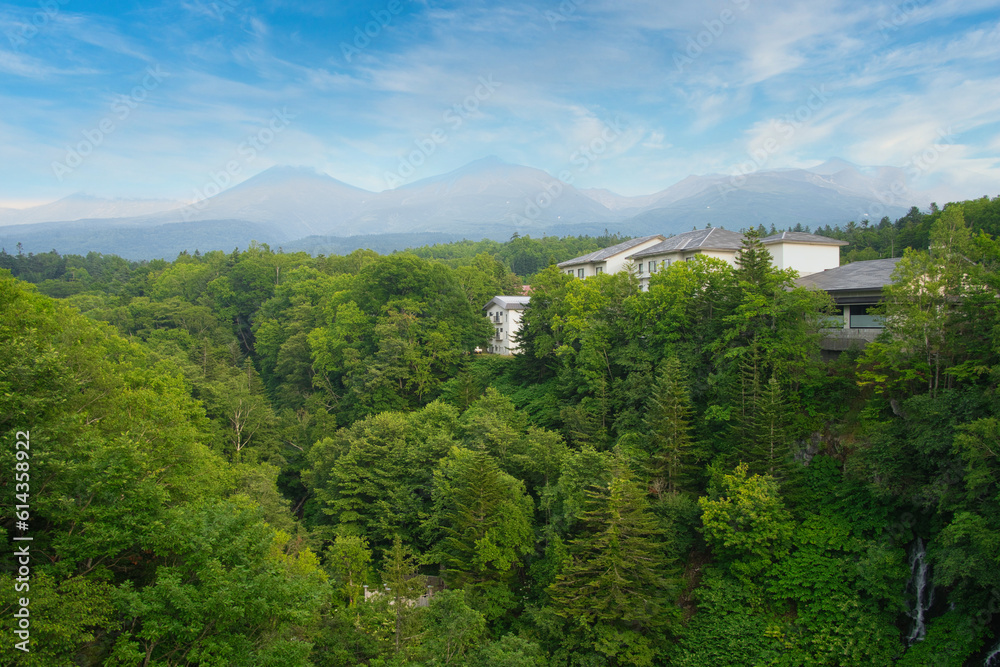 Fototapeta premium 青空と緑の森と山の中にある建物