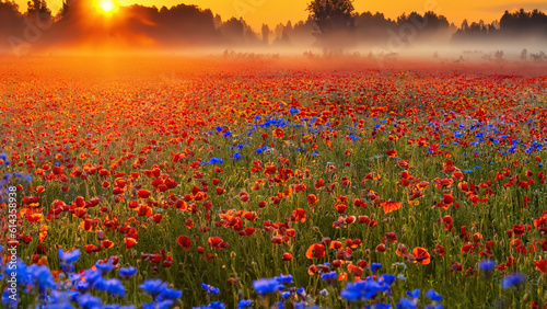 A misty sunrise on a poppy field, Denmark 