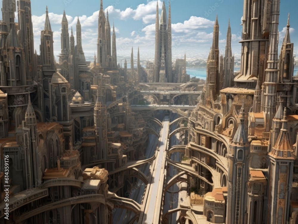 Naklejka premium A city with unusual architecture and quietness, with a lake behind the city and the sun shining on the city. Generative AI